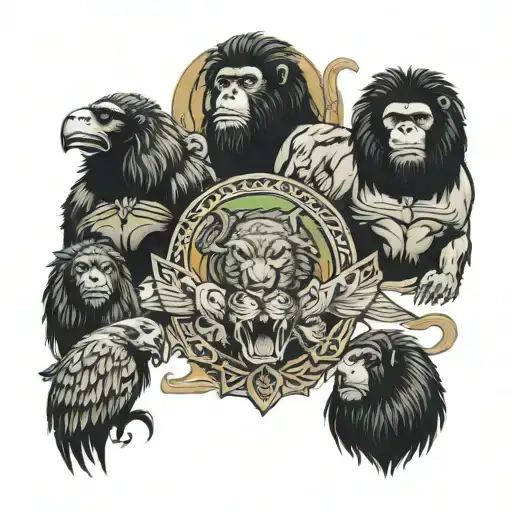 reggae band with eagle, lion, elephant and gorilla tattoo design idea