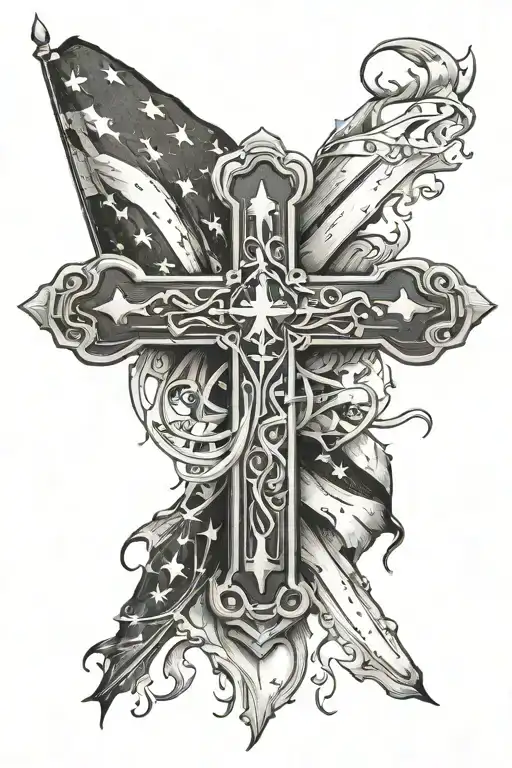 cross surrounded by American flag merged tattoo design idea