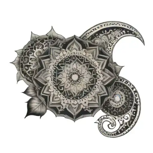 moon, mandala, chakra and ornaments tattoo design idea