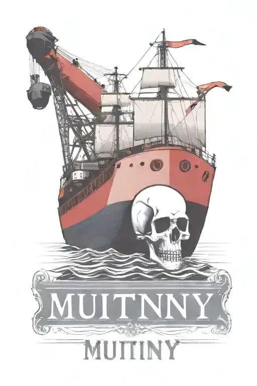 Container Ship with no sails and a crane behind and a skull and anchor with text below that says MUTINY tattoo design idea