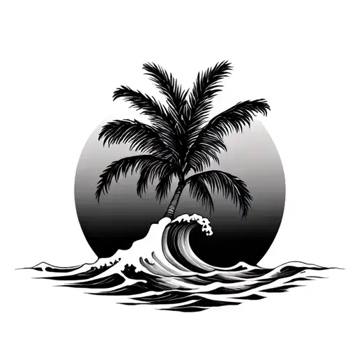 Minimalist black and white tattoo design of a slender palm tree inside a flowing ocean wave. Simple and elegant line art tattoo design idea