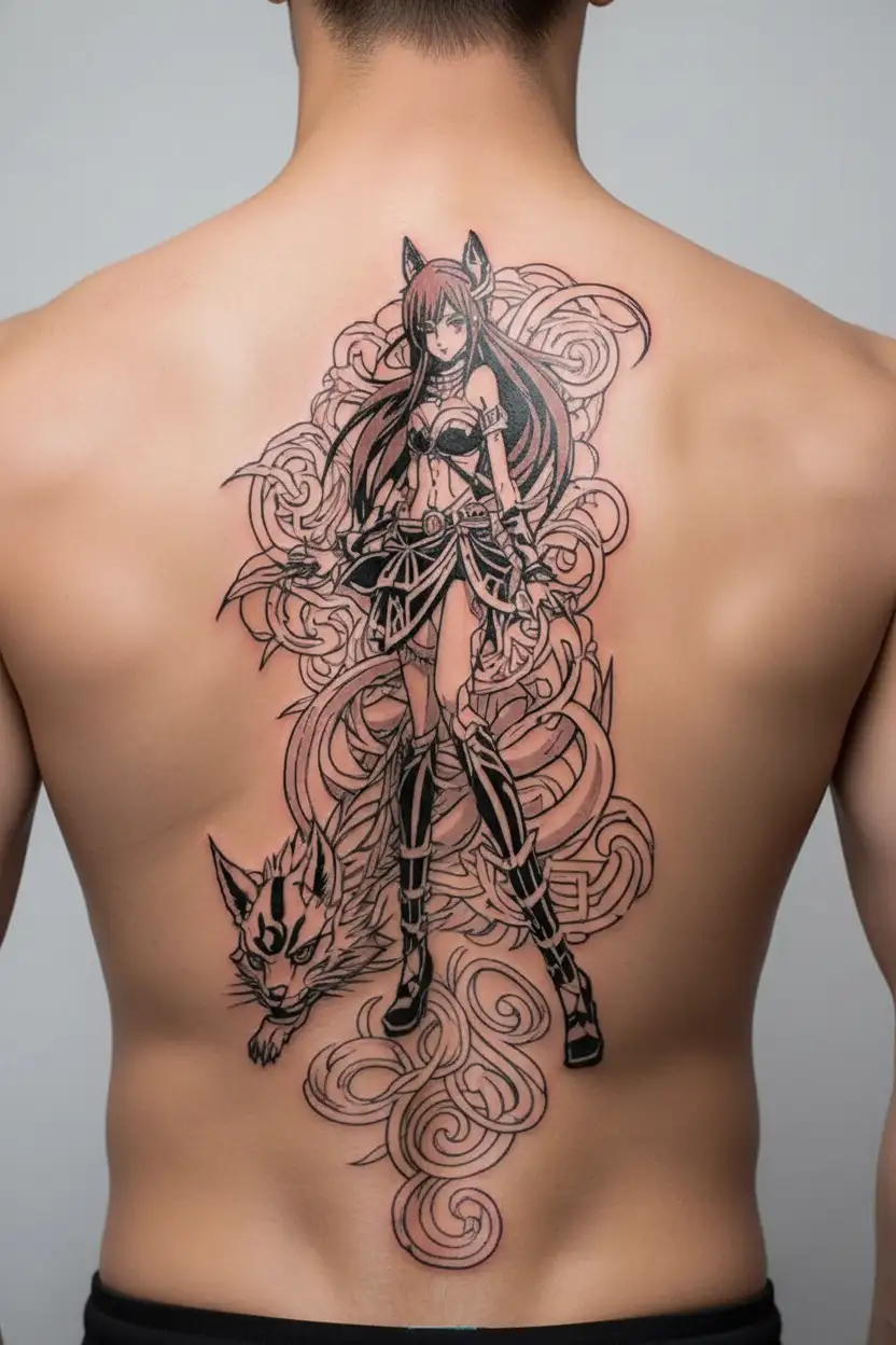 erza scarlet fairy tail and kurama nine tail tattoo design idea