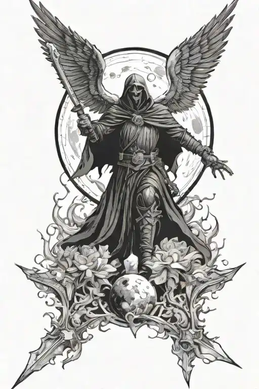 a dark lord, shadowy figure black wings pointed up, holding sword down fires in the bottom moon at the top tattoo design idea