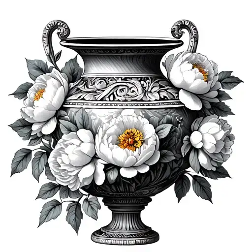 Greek vase with Hera above, peonies with stems tattoo design idea