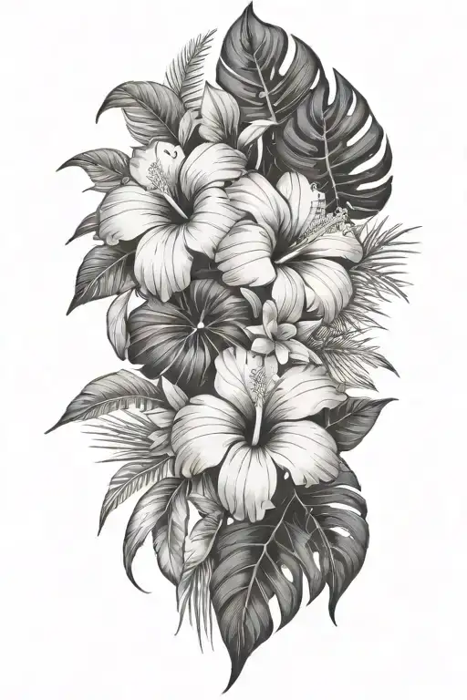 tropical leaves with hibiscus flowers tattoo design idea