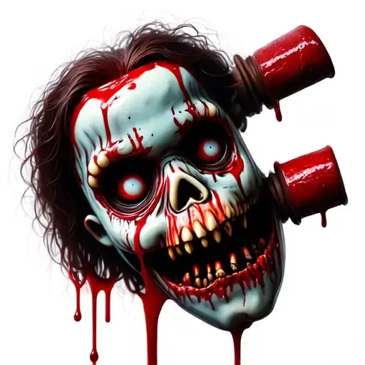 scary voodoo doll with blood dripping setting up like chucky tattoo design idea