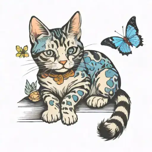 Cat playing with a butterfly tattoo design idea