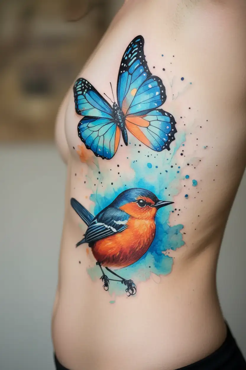 butterfly and robin tattoo design idea