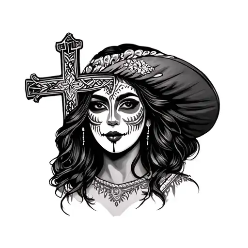 cross with Mexican lady with face paint tattoo design idea