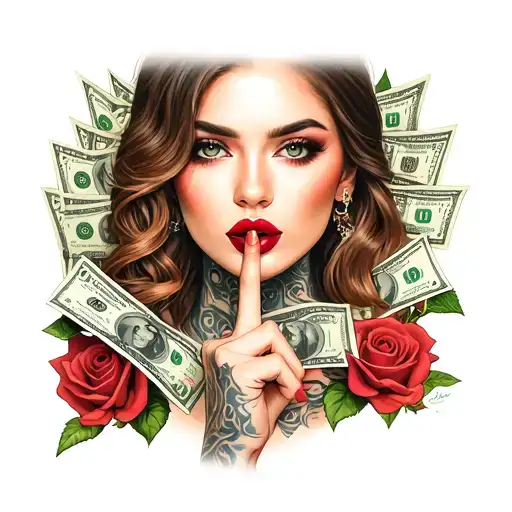 Chichana woman who has her finger on her lips with money and roses around tattoo design idea