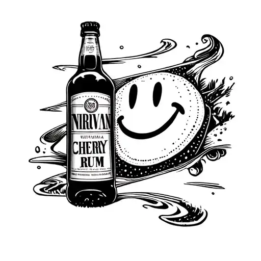 A cherry rum bottle with a Nirvana-inspired smiley face logo on a surf skate deck tattoo design idea