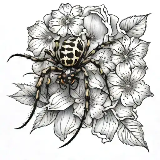 flowers with spider crawling tattoo design idea