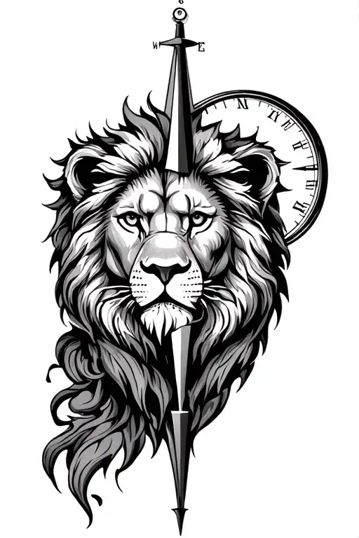 compass with a lion face on line art tattoo design idea