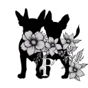 two dog silhouettes intertwined, initials V B, line drawing flowers tattoo design idea