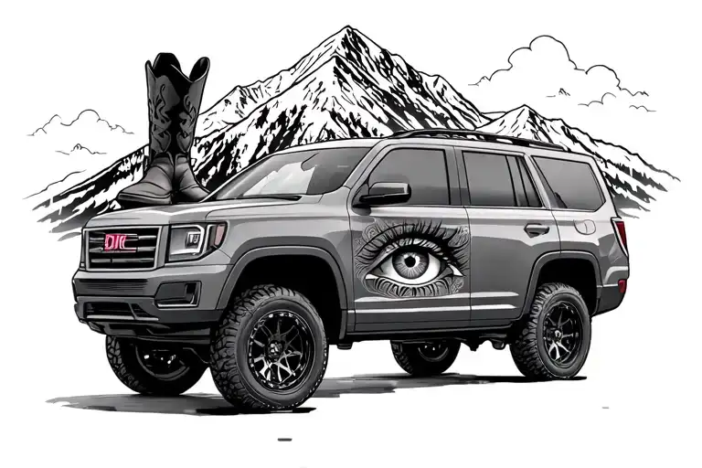 suv with mountain back ground and cowboy boot and iris on car tattoo design idea