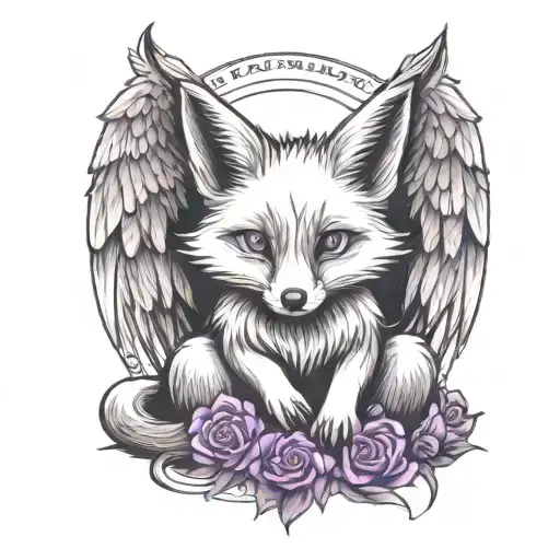 small fox sitting  with angel wings wrapped evenly with purple butterfly  tattoo design idea