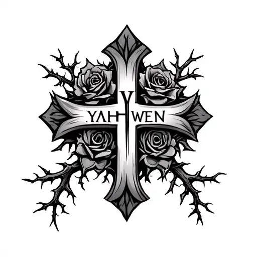 cross with roots that spell Yahweh with rose and thorns tattoo design idea