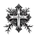 cross with roots that spell Yahweh with rose and thorns tattoo design idea