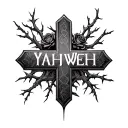 cross with roots that spell Yahweh with rose and thorns tattoo design idea