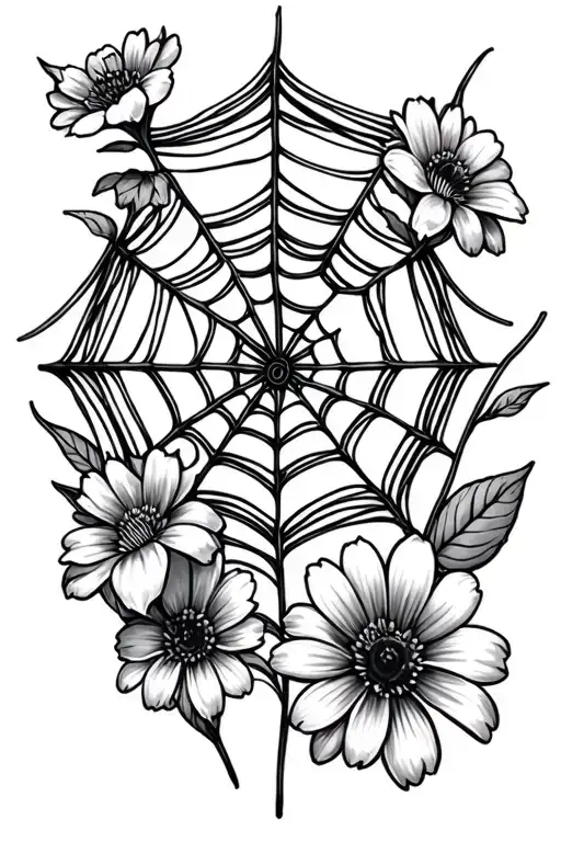 spider web and 3 flowers around  the spider web  tattoo design idea