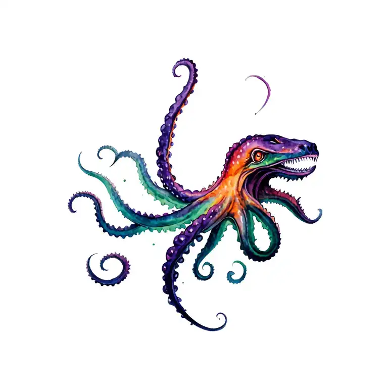 realistic kraken in movement, Body Mainly Green and Petrol, Highlights in Copper, purple, magenta and orange tattoo design idea