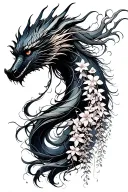 wisteria flowers cascading down side profile female ninja warrior and dragon tattoo design idea
