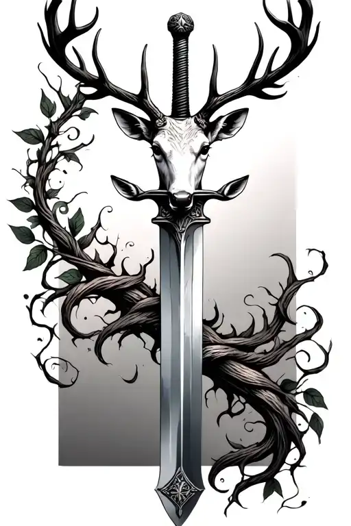 long sword wrapped masculine deer head handle small leaves running vines tattoo design idea