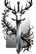 long sword wrapped masculine deer head handle small leaves running vines tattoo design idea