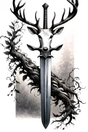 long sword wrapped masculine deer head handle small leaves running vines tattoo design idea