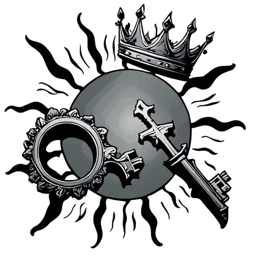 Sun key with crown up crossing the sun code tattoo design idea