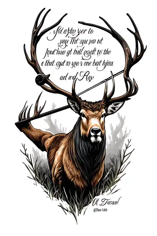bow hunting scene tattoo design with a biblical quote intertwined tattoo design idea