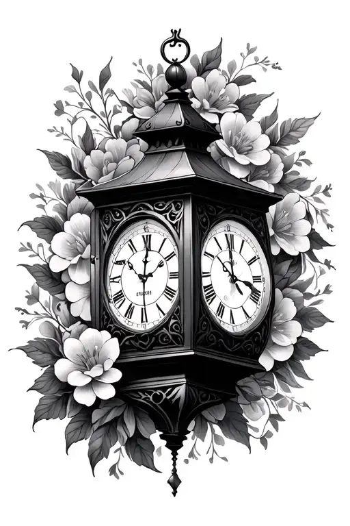 gothic lantern with two clock faces surrounded by flowers tattoo design idea