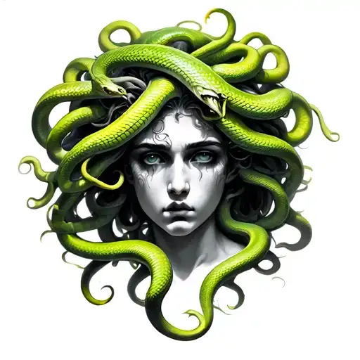 realistic Medusa with a strong but genface looking down. The face is black and grey but I want vibrant lime green snakes tattoo design idea