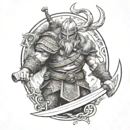 Viking on the battlefield, in armor and with an axe, banners, forest tattoo design idea
