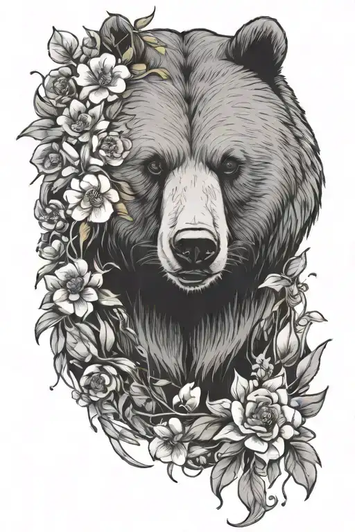 Bear with fish in its mouth, so rounded by flowers tattoo design idea