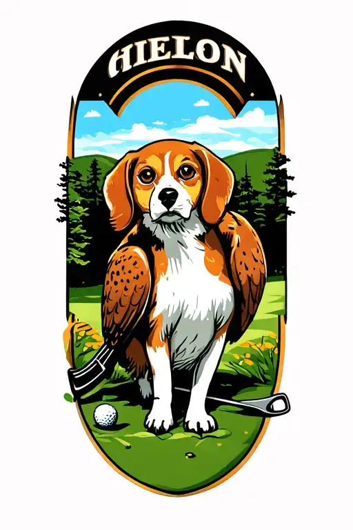 Beagle playing golf course landscape with an owl perched  tattoo design idea
