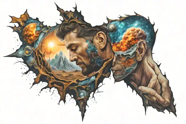 A man sticks his head through a fissure in reality and witnesses the cosmos tattoo design idea