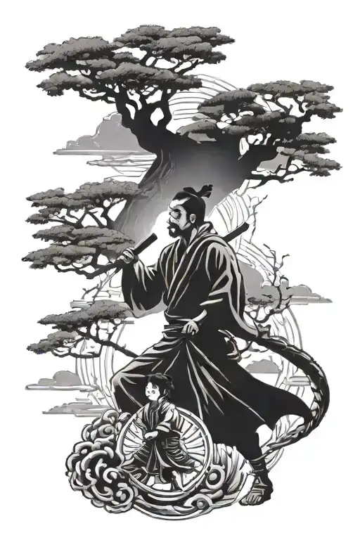 a samurai with his teenage son and his child daughter near an imposing tree of life looking at the sun in black tattoo design idea