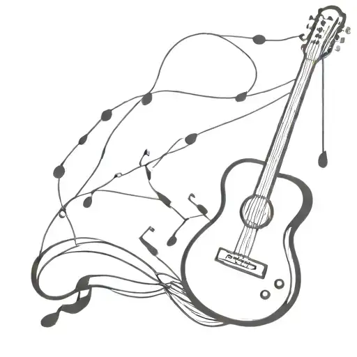 A fishing rod morphing into a guitar neck with musical notes as the line tattoo design idea
