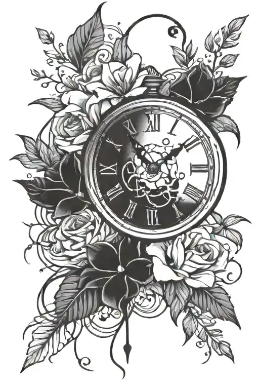 shattered broken clock with floweres  tattoo design idea