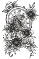 shattered broken clock with floweres  tattoo design idea