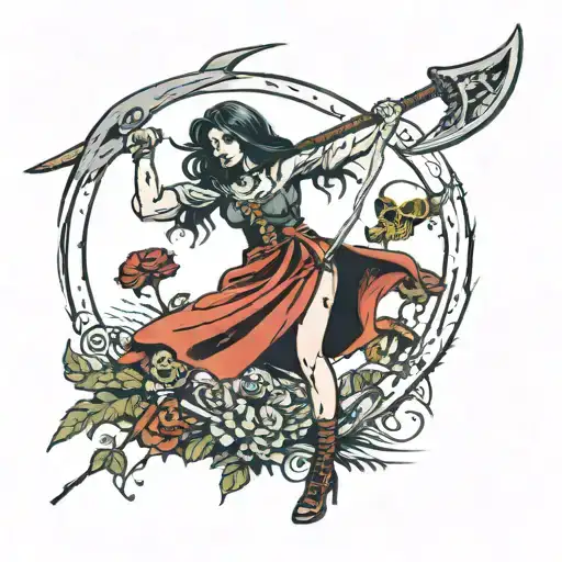 girl scared death with a scythe above her, the whole picture in a rectangle like a comic tattoo design idea