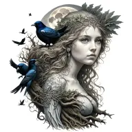 the morrigan Irish goddess with crows an old oak tree growing and bright moonlight tattoo design idea