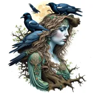 the morrigan Irish goddess with crows an old oak tree growing and bright moonlight tattoo design idea