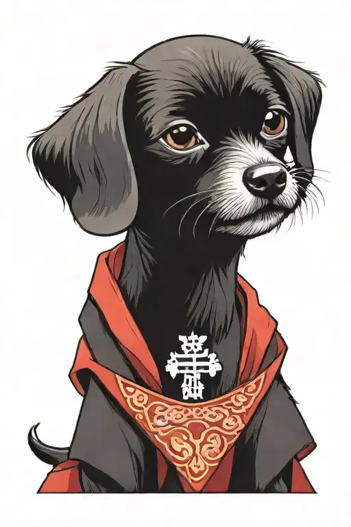 portrait of a small dog wearing red robe, in style of orthodox icon. the dog is black, with a white chest and brown face tattoo design idea