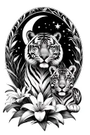 1 adult tiger and 2 cubs surrounded by tiger lilies and moon and stars forming the oval shape tattoo design idea