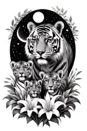 1 adult tiger and 2 cubs surrounded by tiger lilies and moon and stars forming the oval shape tattoo design idea