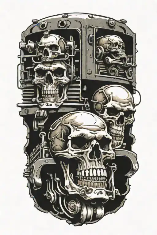 evil train tracks with skulls and engine camshafts harley style tattoo design idea