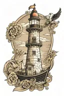 Create a tattoo with a light house guiding the path, a ship called libertad, a family of 5 and god tattoo design idea