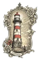 Create a tattoo with a light house guiding the path, a ship called libertad, a family of 5 and god tattoo design idea